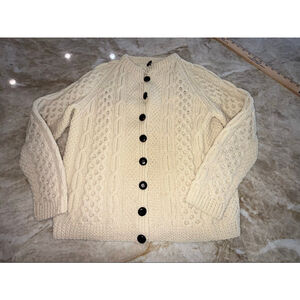 Fisherman Aran Handknits Una Neill Cream Cable Knit Cardigan M Irish Ireland